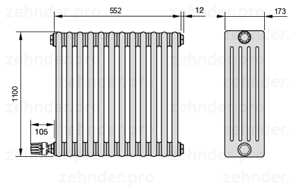 Схема (чертеж) Радиатор Zehnder Charleston 5110/12 №V003 Белый глянцевый RAL 9016